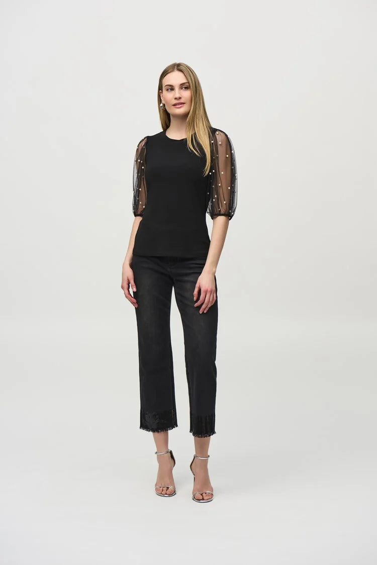 Silky Knit Top With Embellished Mesh Sleeves 244189