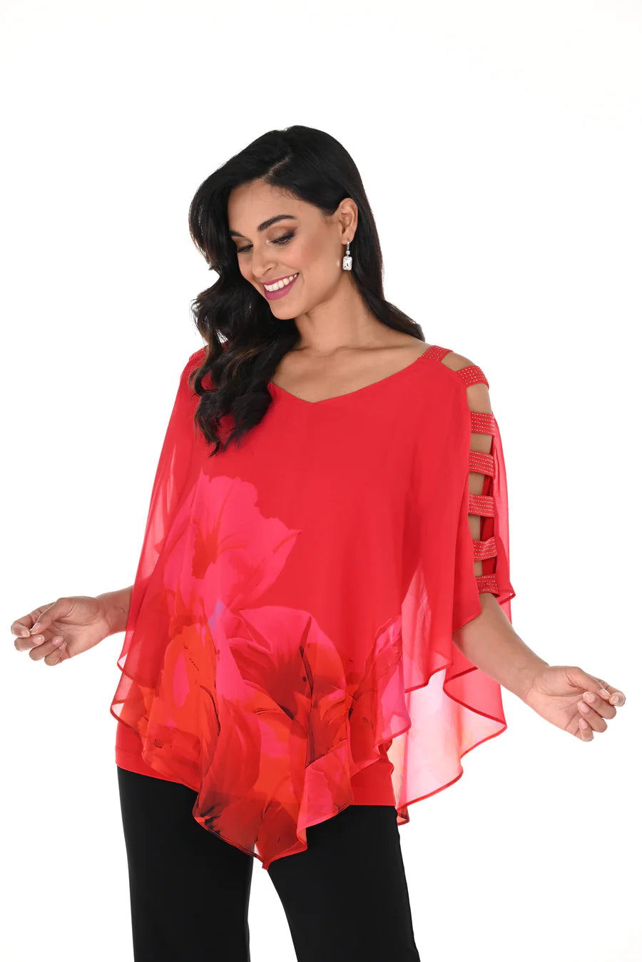 Red & Fuchsia Print Cape Top 248157