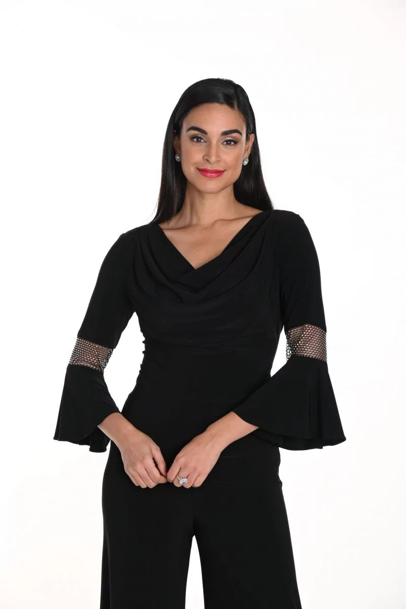 Black V-Neck Cowl Neck Top with Bell Sleeves 249025