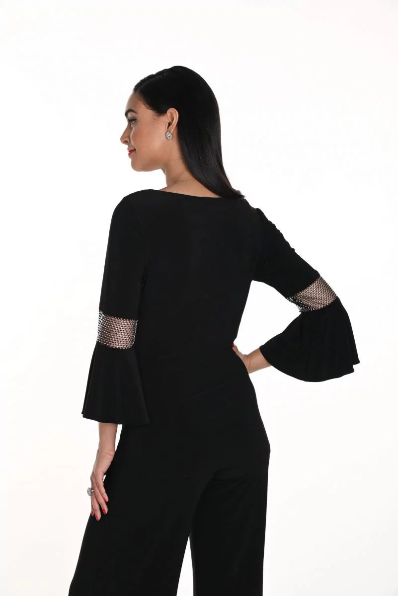 Black V-Neck Cowl Neck Top with Bell Sleeves 249025