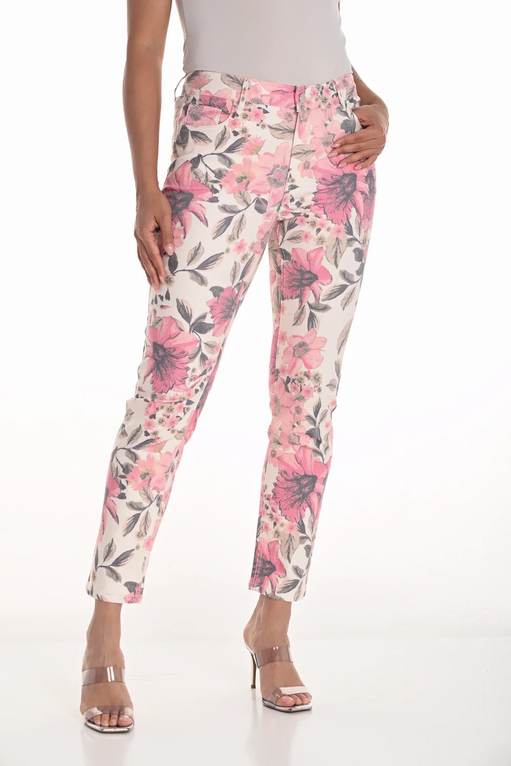 Off-White/Pink Floral Print Jean- 251510