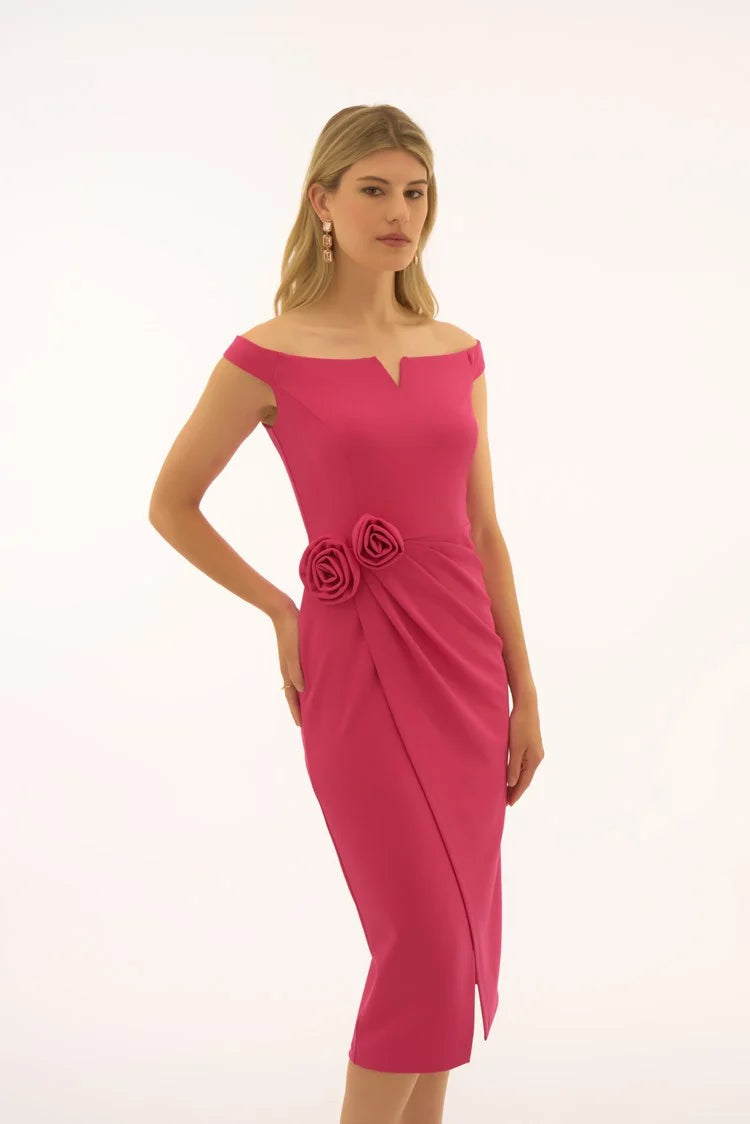 Signature | Scuba Crepe Off Shoulder Sheath Dress in Geranium 251704