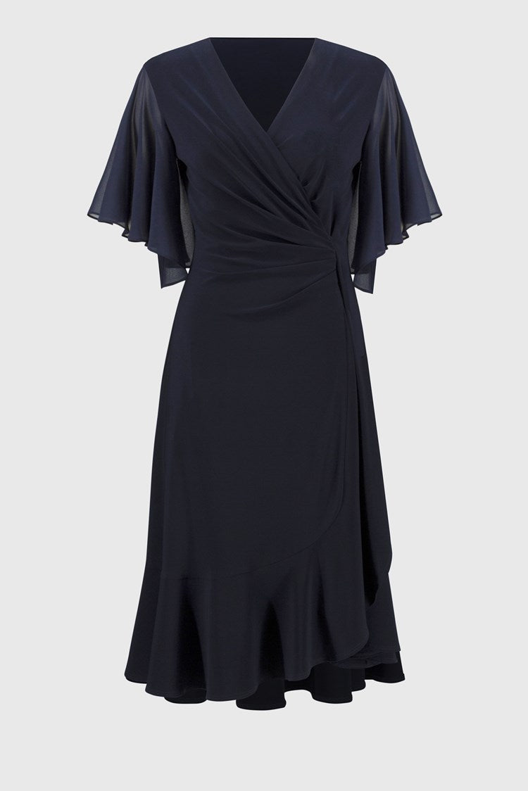 Silky Knit And Chiffon Flowy Wrap Dress In Navy 251706