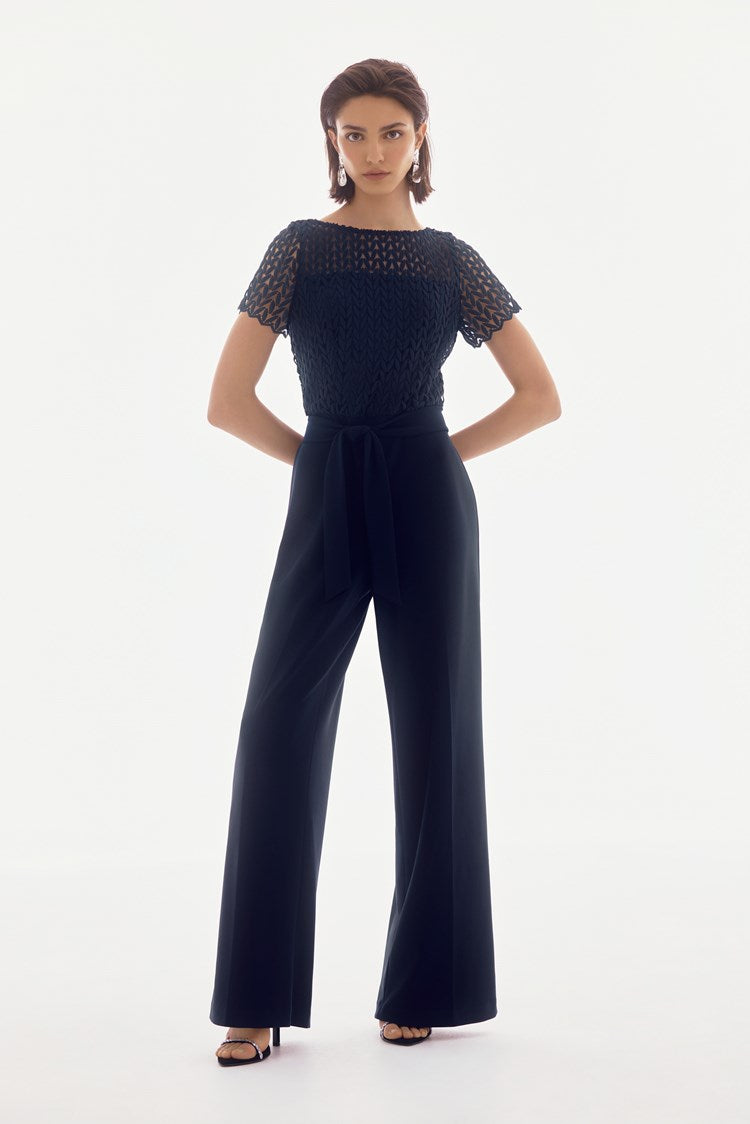 Silky Knit And Guipure Wide Leg Jumpsuit In Navy 251715