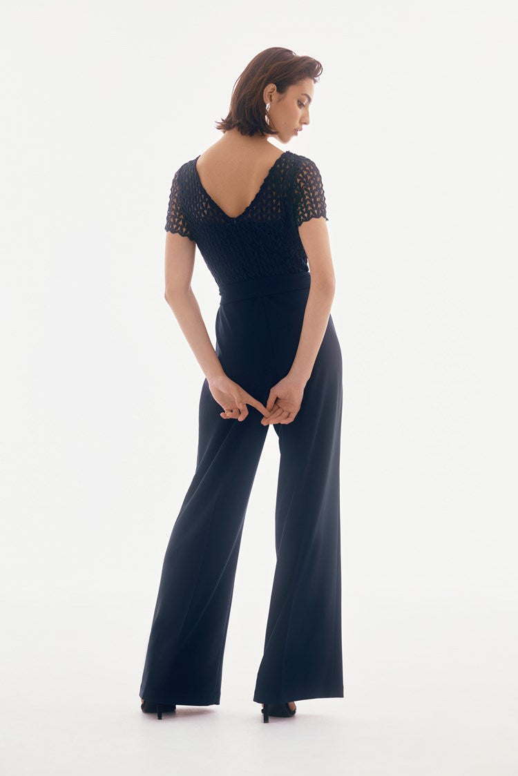 Silky Knit And Guipure Wide Leg Jumpsuit In Navy 251715