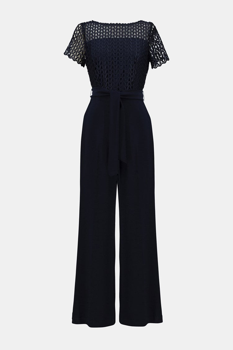 Silky Knit And Guipure Wide Leg Jumpsuit In Navy 251715