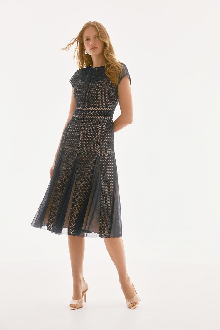 Giupure And Mesh Fit And Flare Dress In Navy/Nude 251718