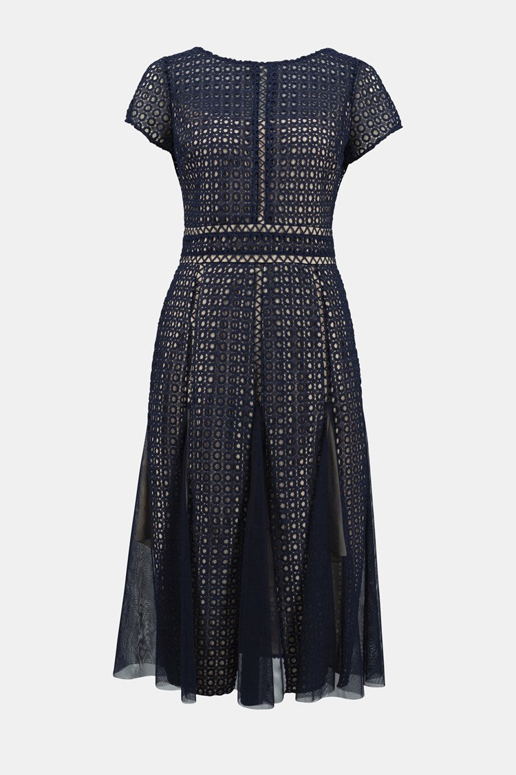 Giupure And Mesh Fit And Flare Dress In Navy/Nude 251718