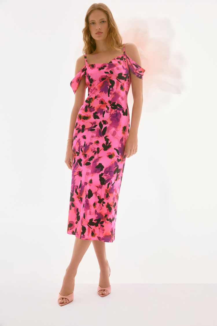 Satin Floral Sheath Dress with Cold Shoulder 251737