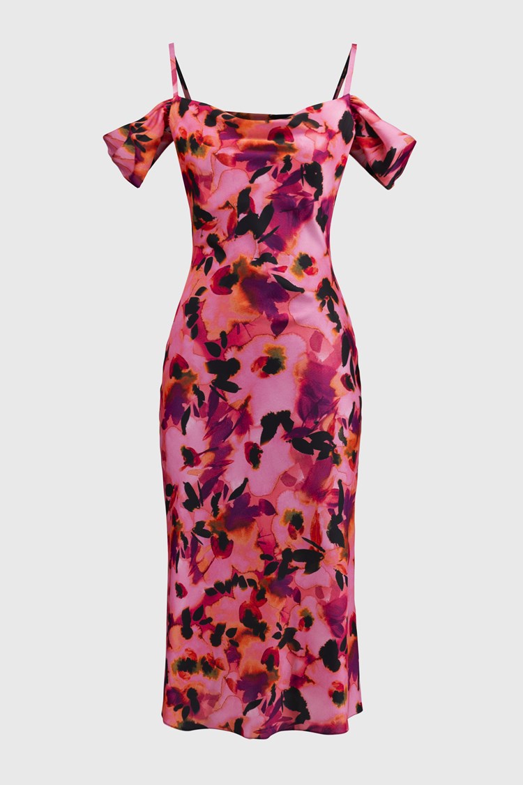 Satin Floral Sheath Dress with Cold Shoulder 251737