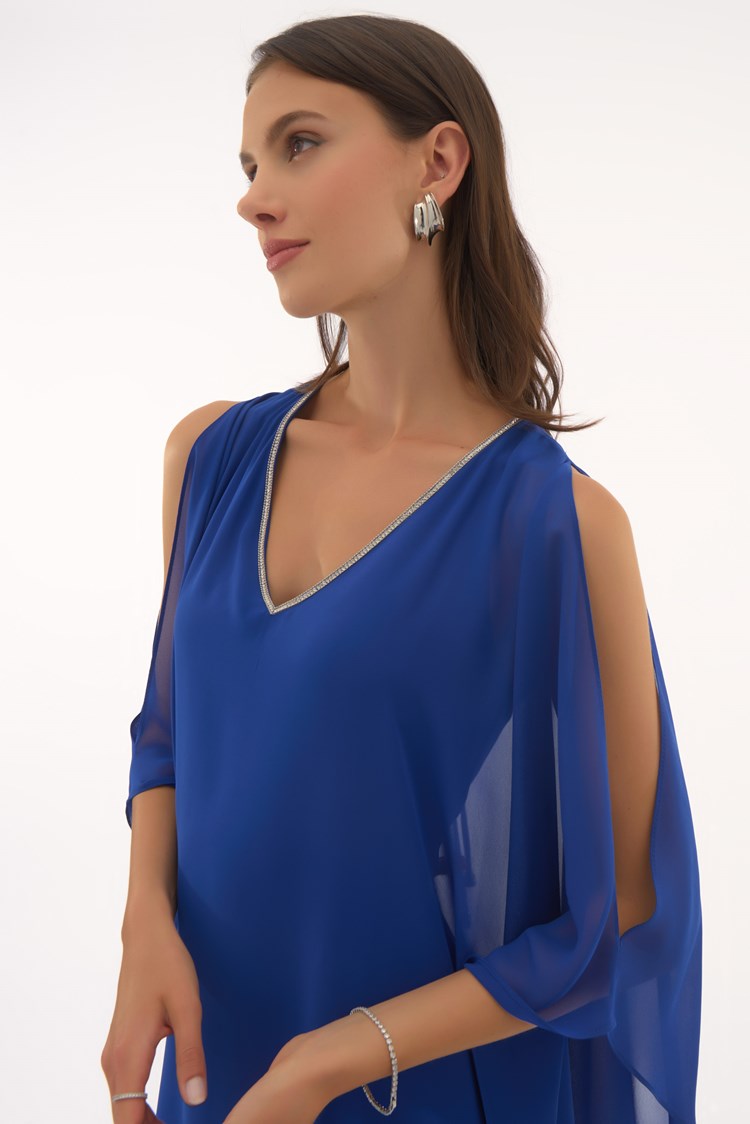 Chiffon and Silky Knit Layered Dress in Royal Sapphire 251746