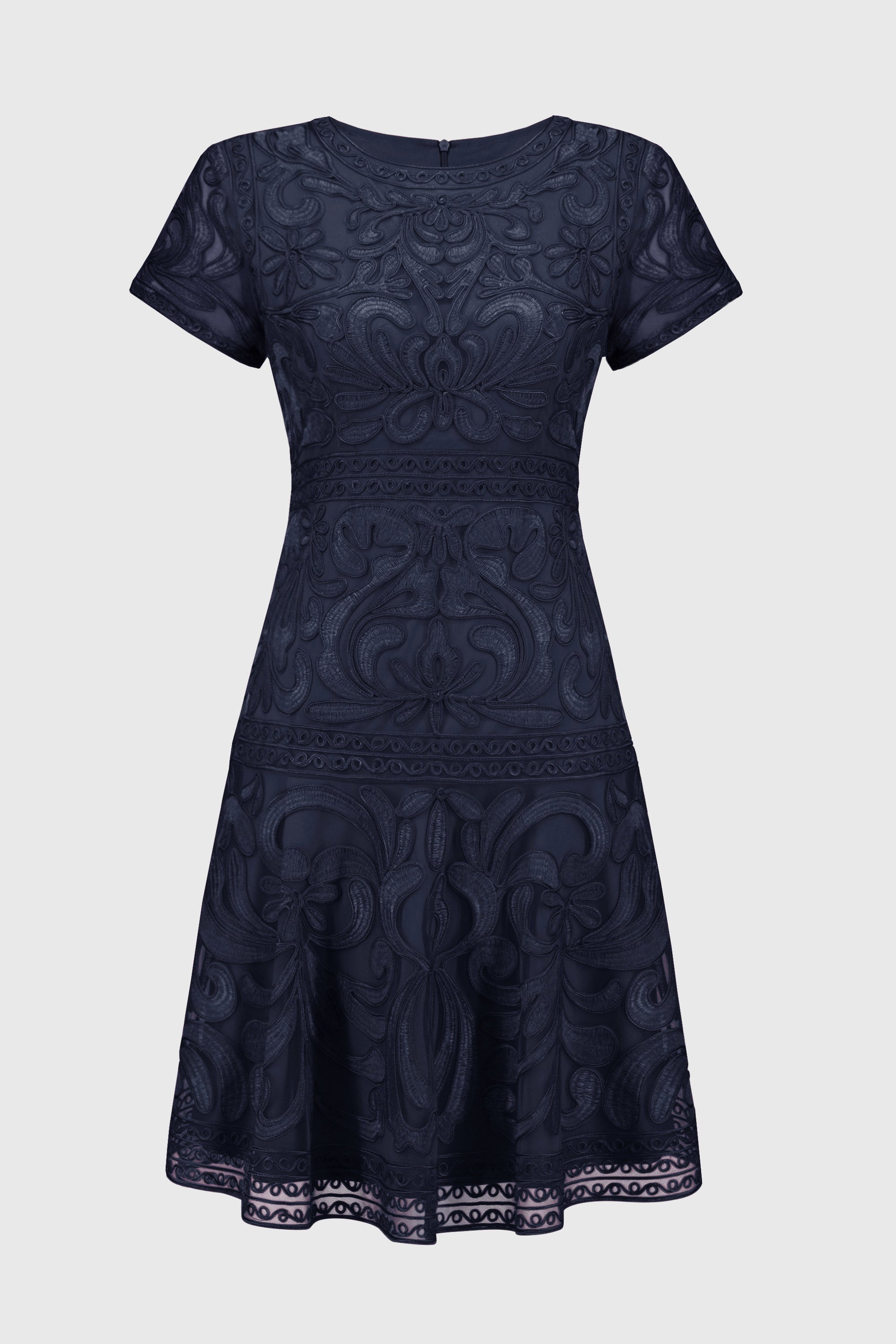 Embroidered Mesh Fit and Flare Dress in Midnight Blue 251768X