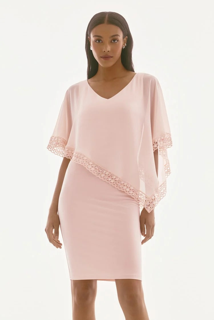 Silky Knit and Chiffon Poncho Sheath Dress 251773