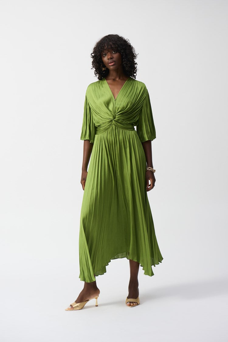 Pleated Satin Midi Dress In Greenery 251903