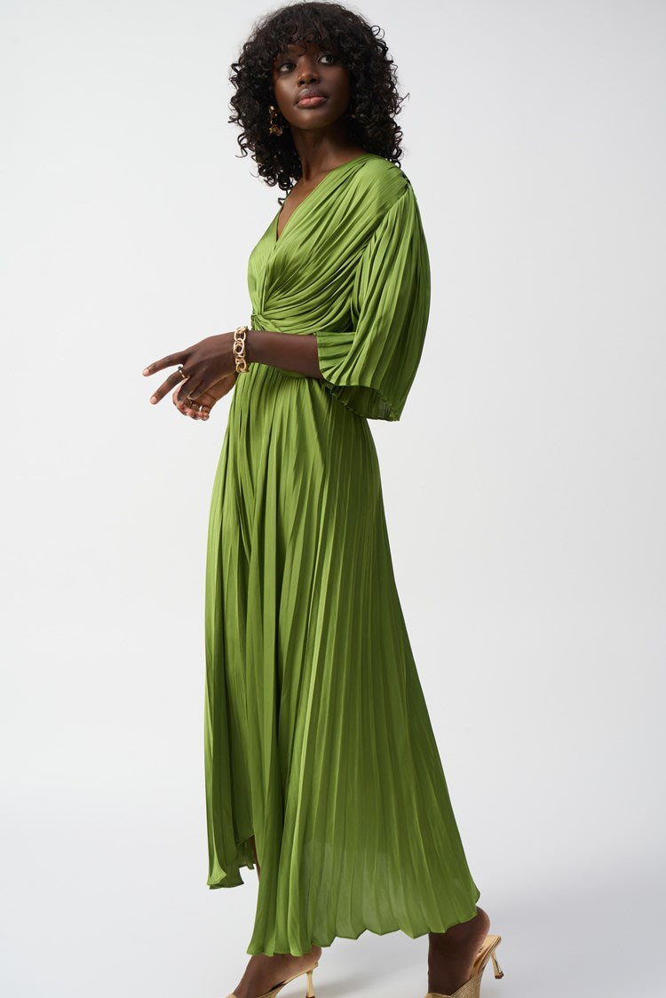 Pleated Satin Midi Dress In Greenery 251903