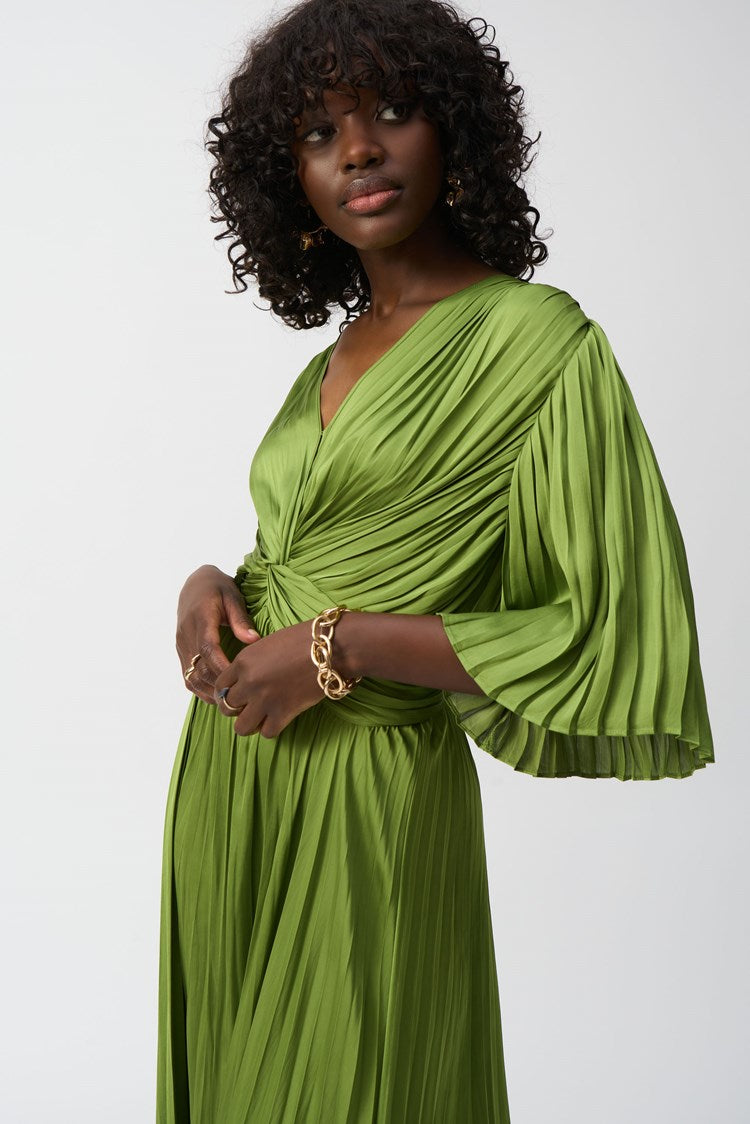 Pleated Satin Midi Dress In Greenery 251903