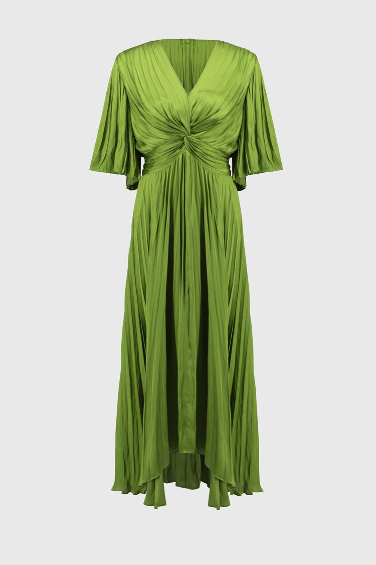 Pleated Satin Midi Dress In Greenery 251903