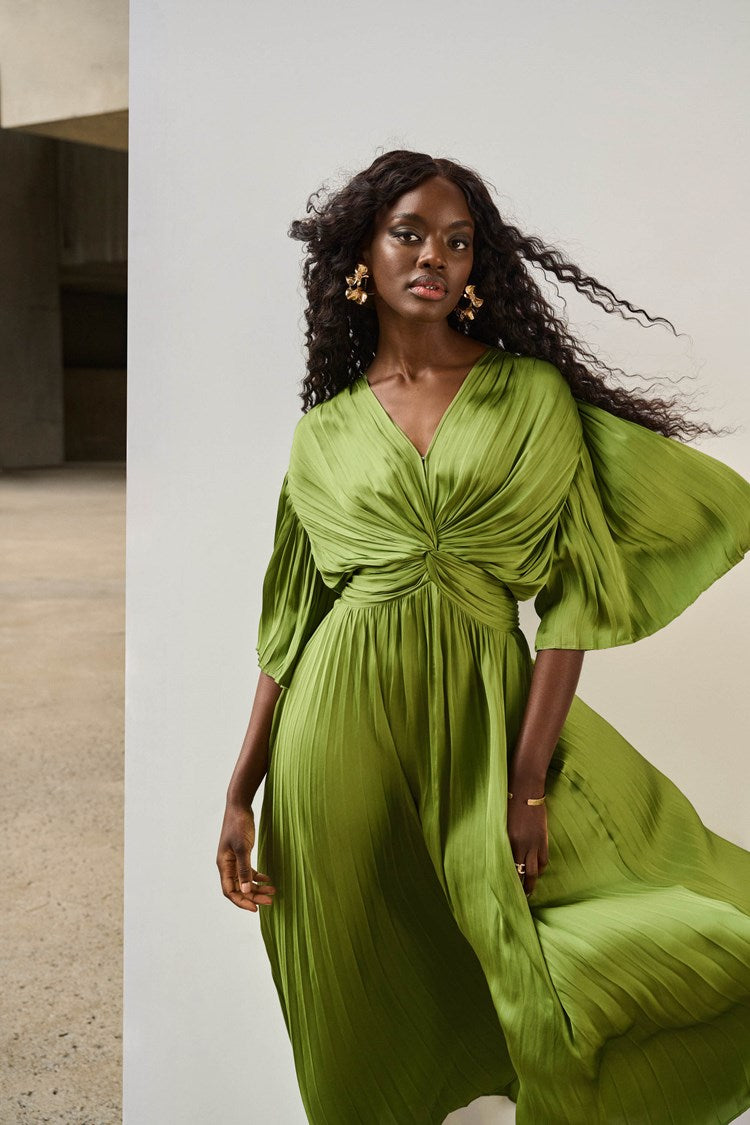 Pleated Satin Midi Dress In Greenery 251903