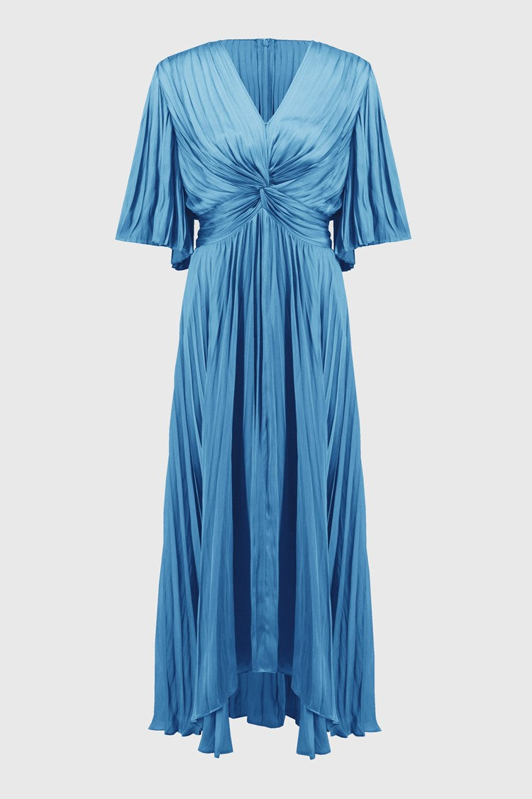 Pleated Satin Midi Dress In Coastal Blue 251903