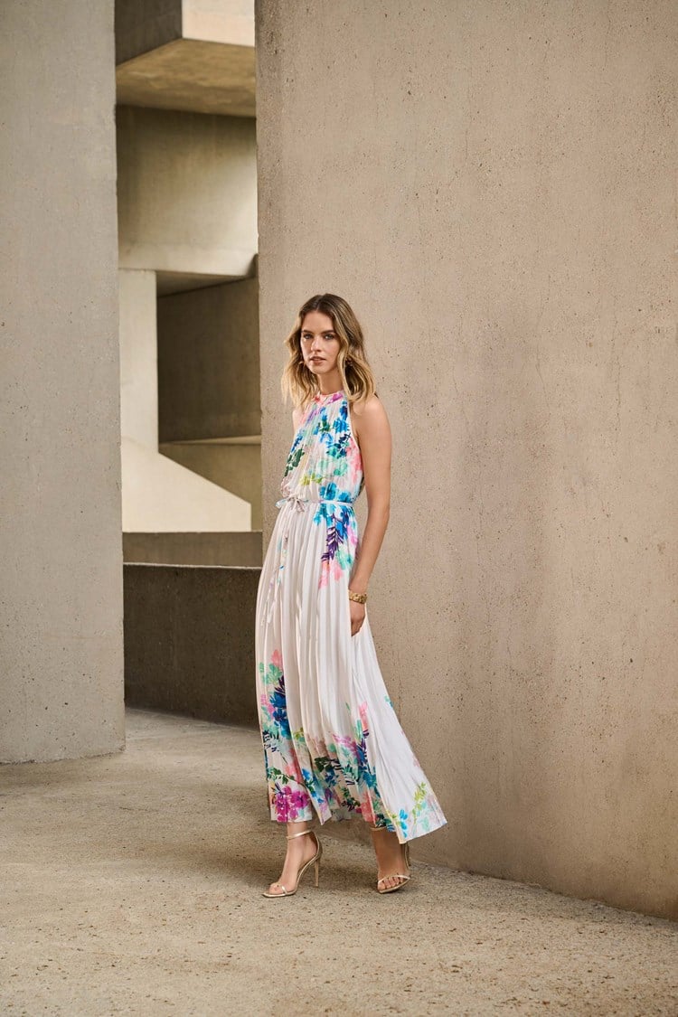 Pleated Satin Floral Print Maxi Dress 251904