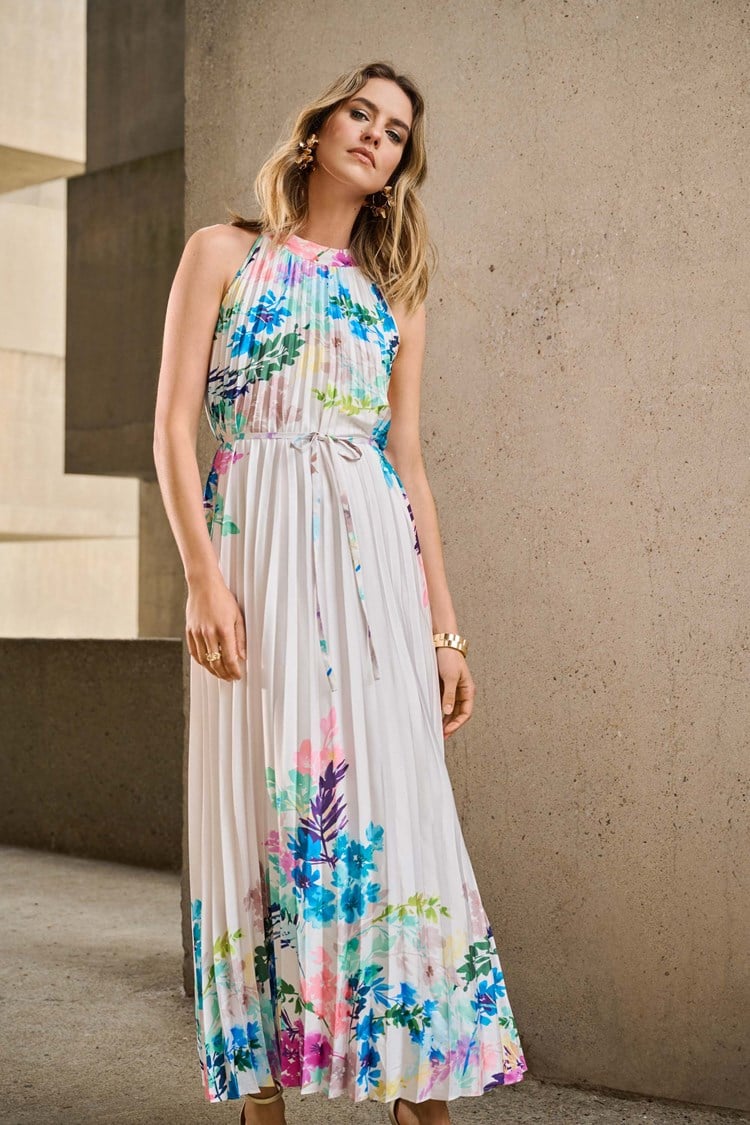 Pleated Satin Floral Print Maxi Dress 251904