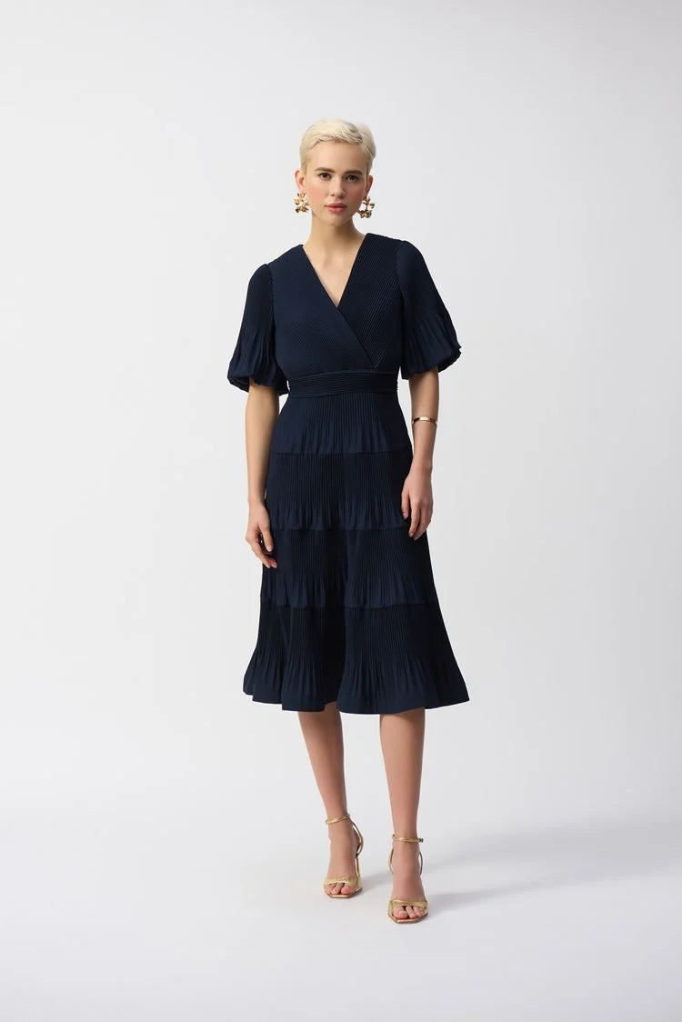 Pleated Woven Fit And Flare Dress In Navy 251905