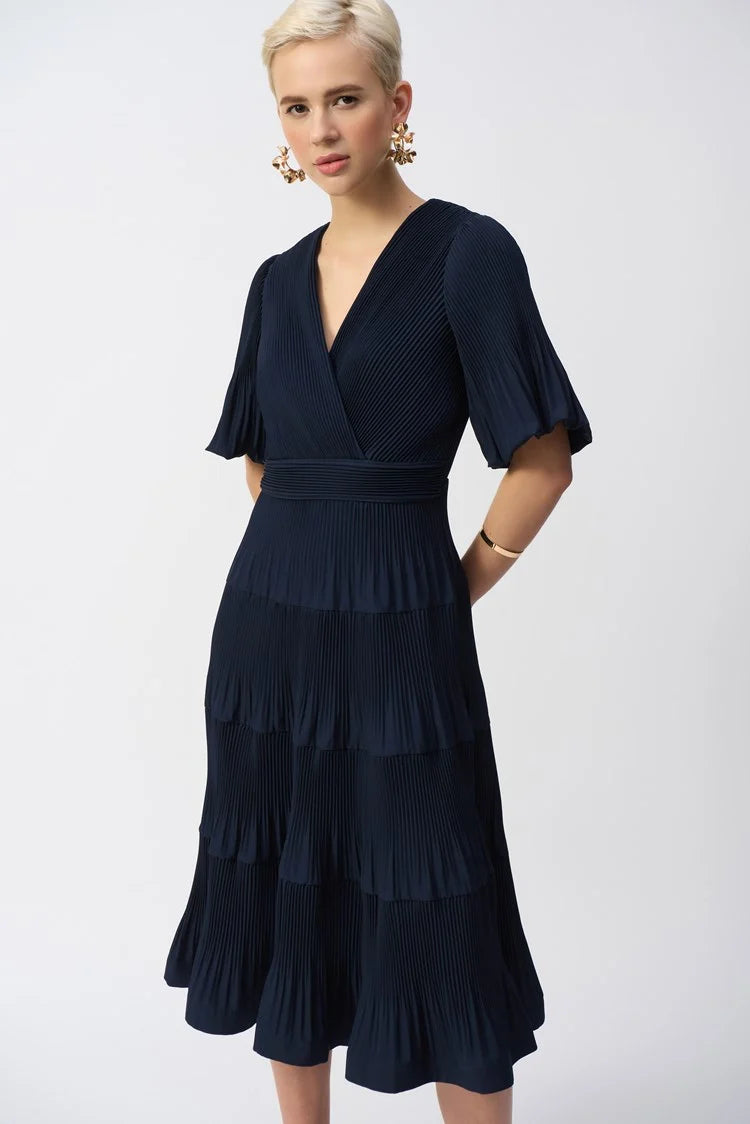 Pleated Woven Fit And Flare Dress In Navy 251905