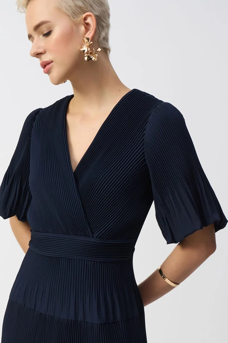 Pleated Woven Fit And Flare Dress In Navy 251905