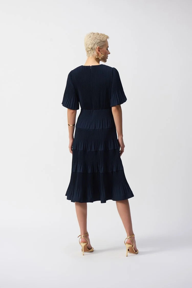 Pleated Woven Fit And Flare Dress In Navy 251905