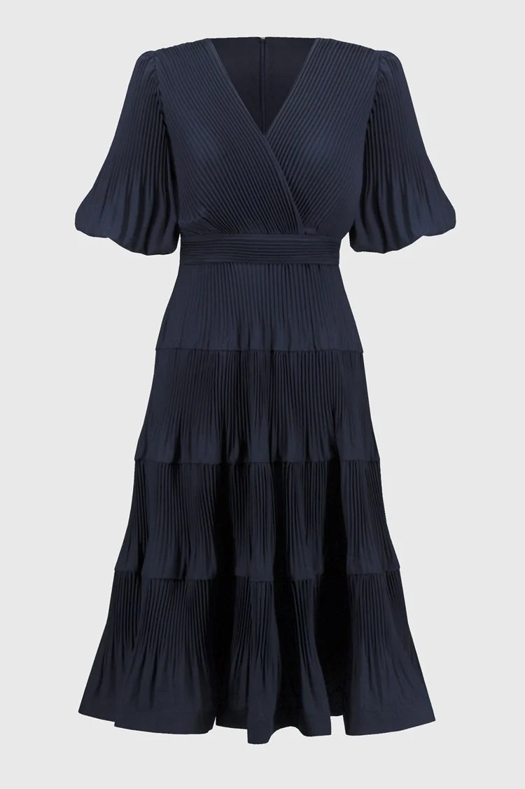 Pleated Woven Fit And Flare Dress In Navy 251905