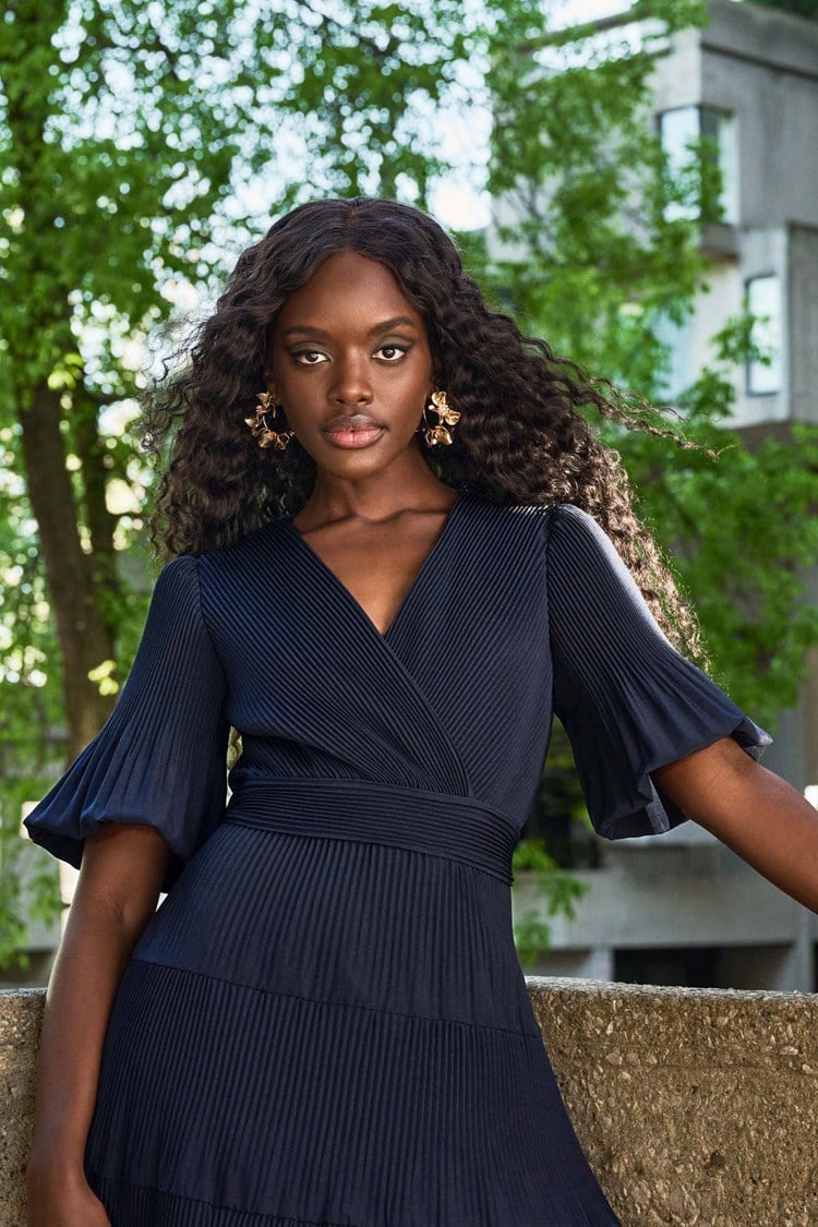 Pleated Woven Fit And Flare Dress In Navy 251905