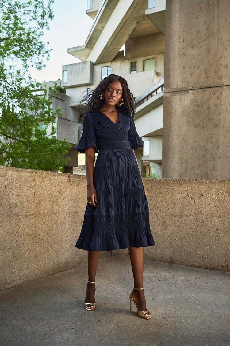 Pleated Woven Fit And Flare Dress In Navy 251905