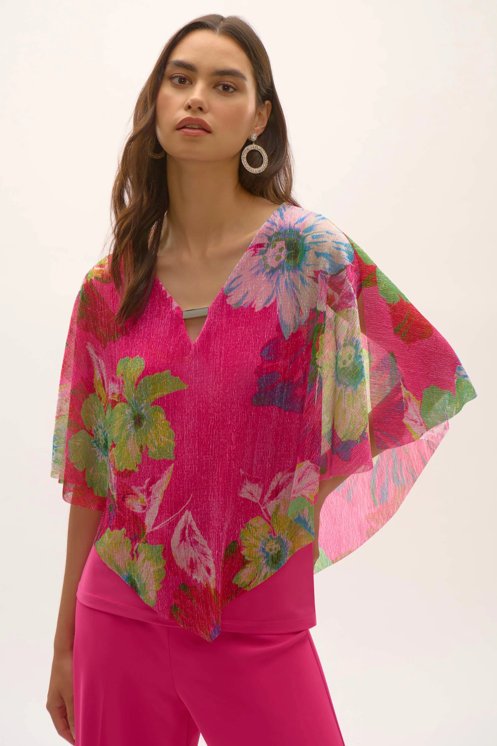 Signature | Metallic Pleated Knit Floral Print Poncho Top 252720