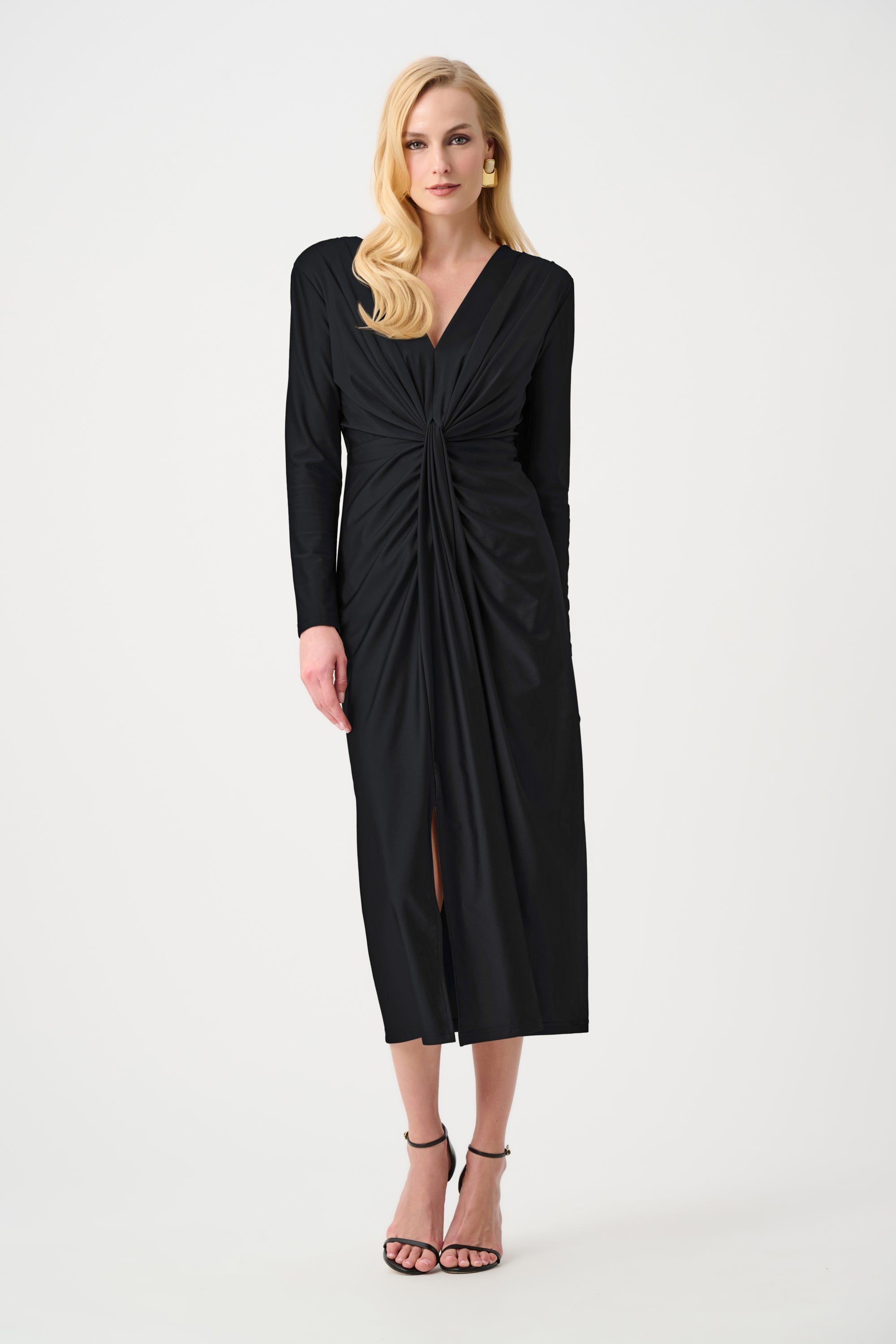 Satin Effect Knit Draped V-Neck Sheath Dress in Black 253714F26