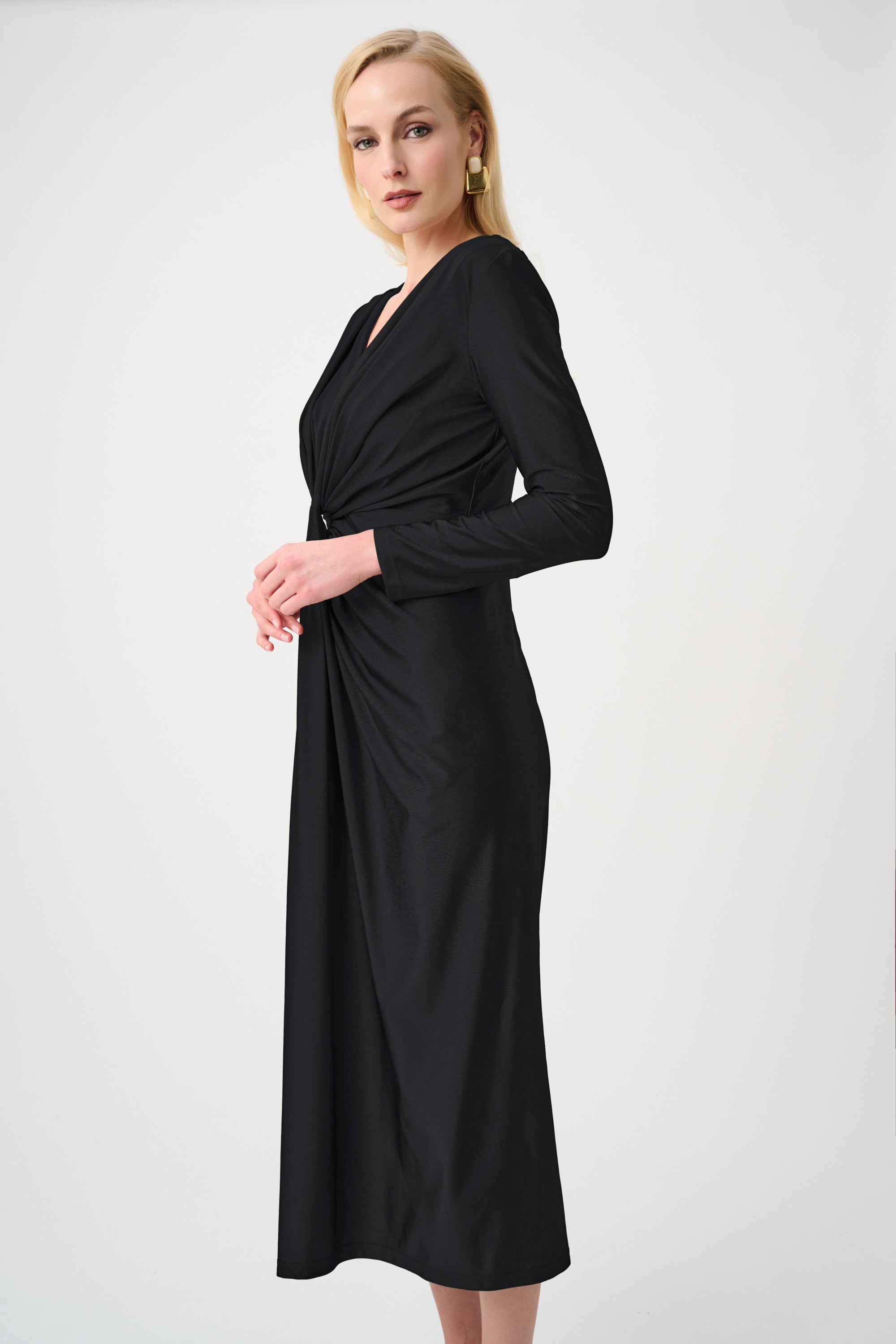 Satin Effect Knit Draped V-Neck Sheath Dress in Black 253714F26