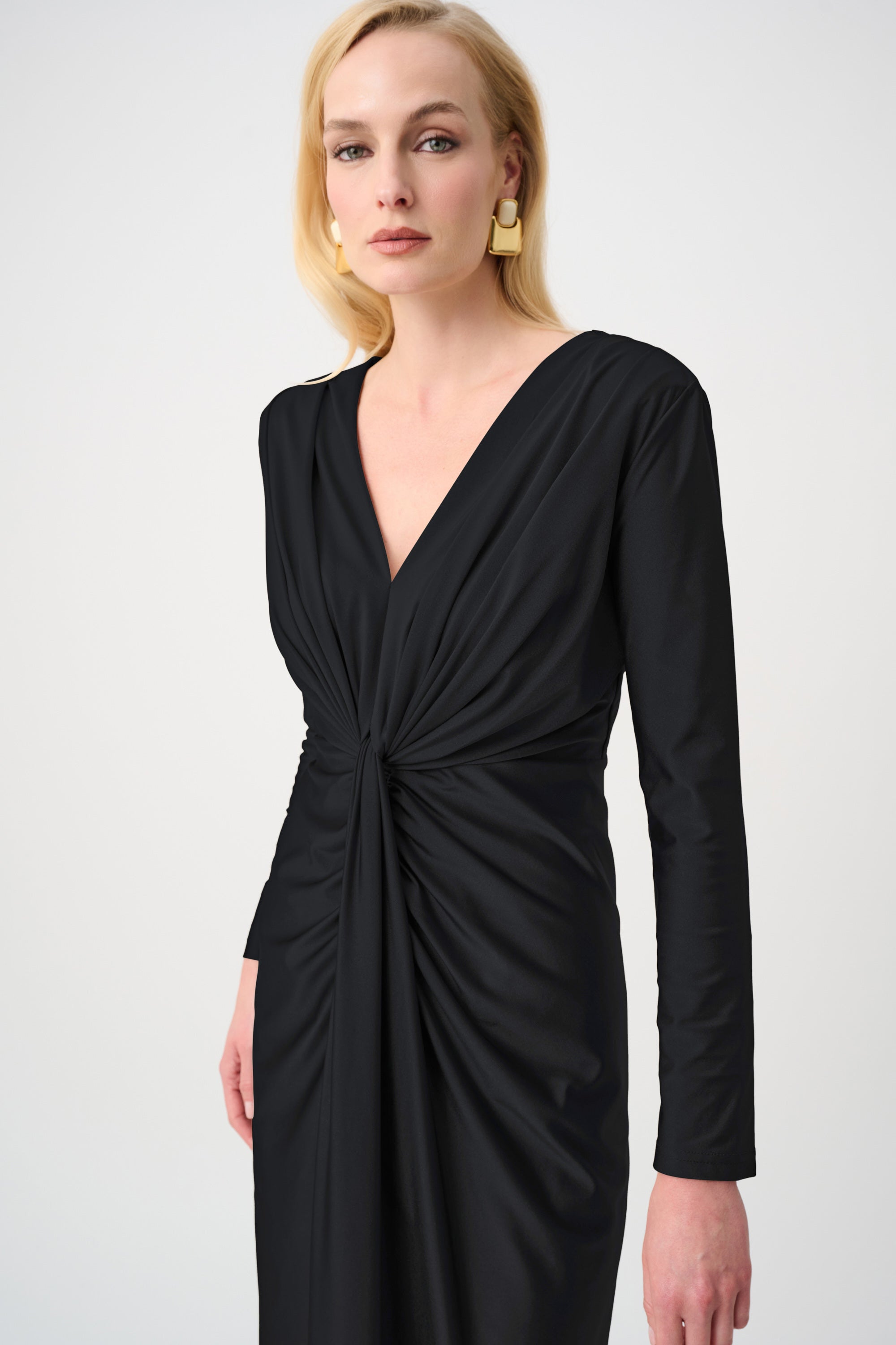 Satin Effect Knit Draped V-Neck Sheath Dress in Black 253714