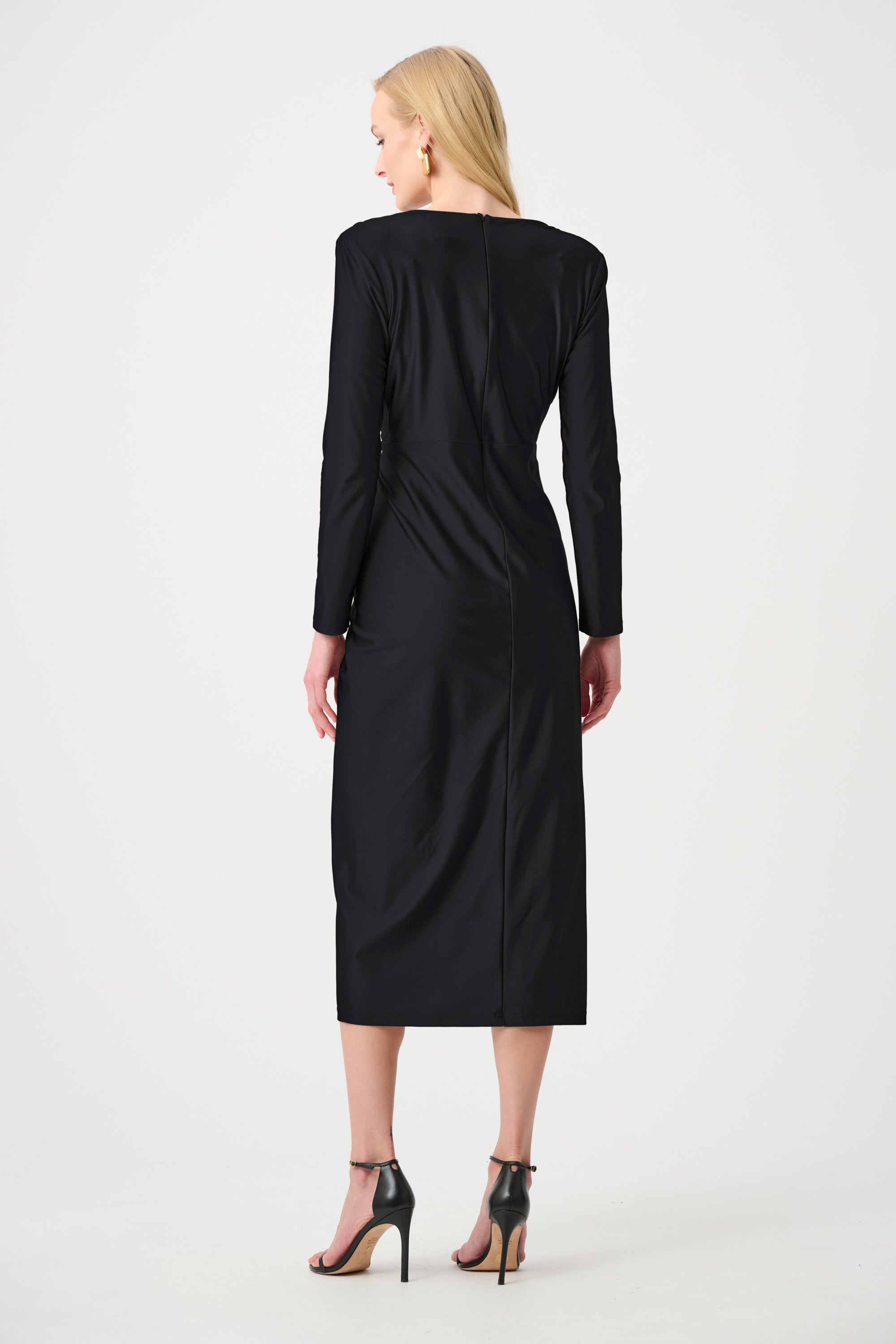 Satin Effect Knit Draped V-Neck Sheath Dress in Black 253714