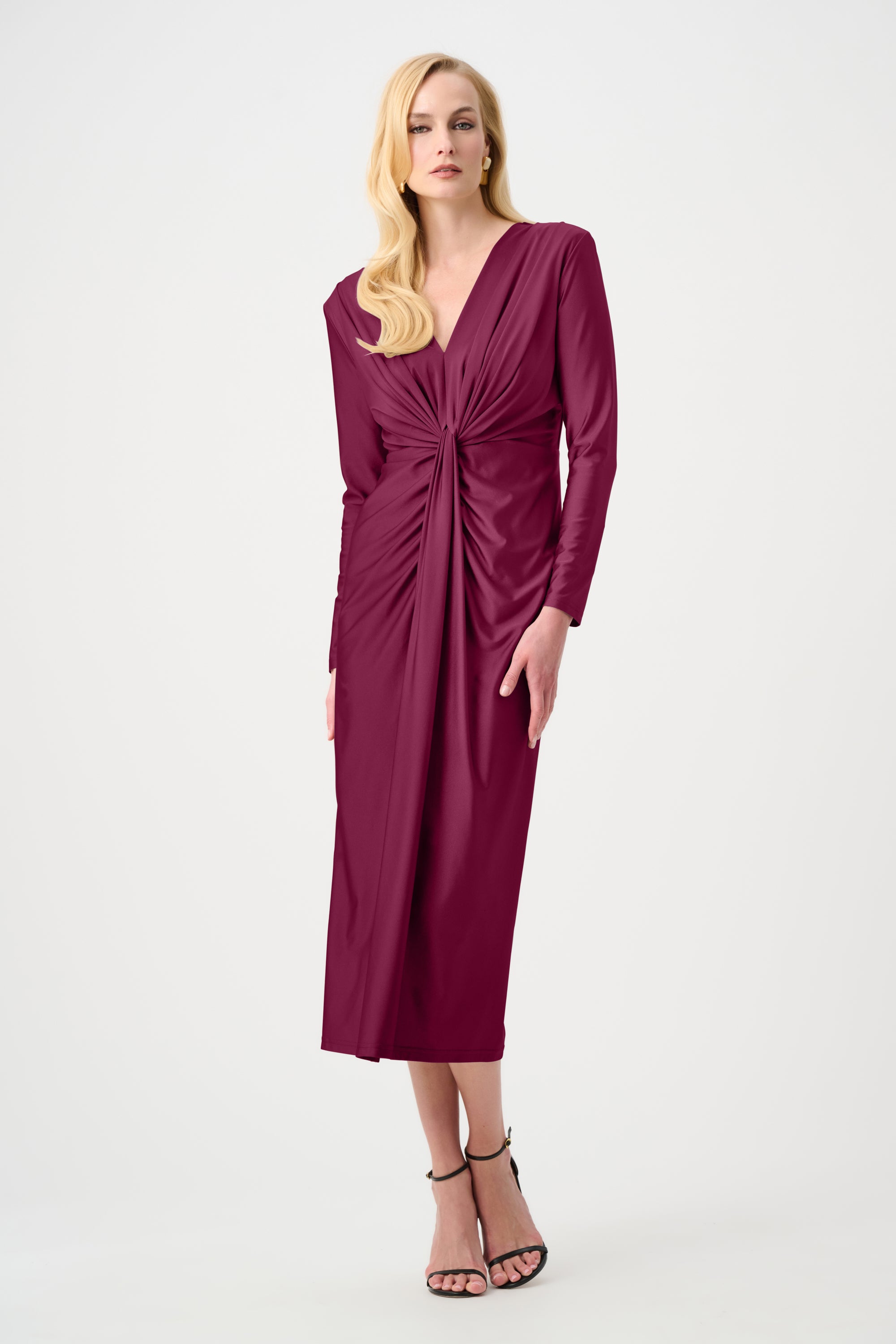 Satin Effect Knit Draped V-Neck Sheath Dress in Berry 253714