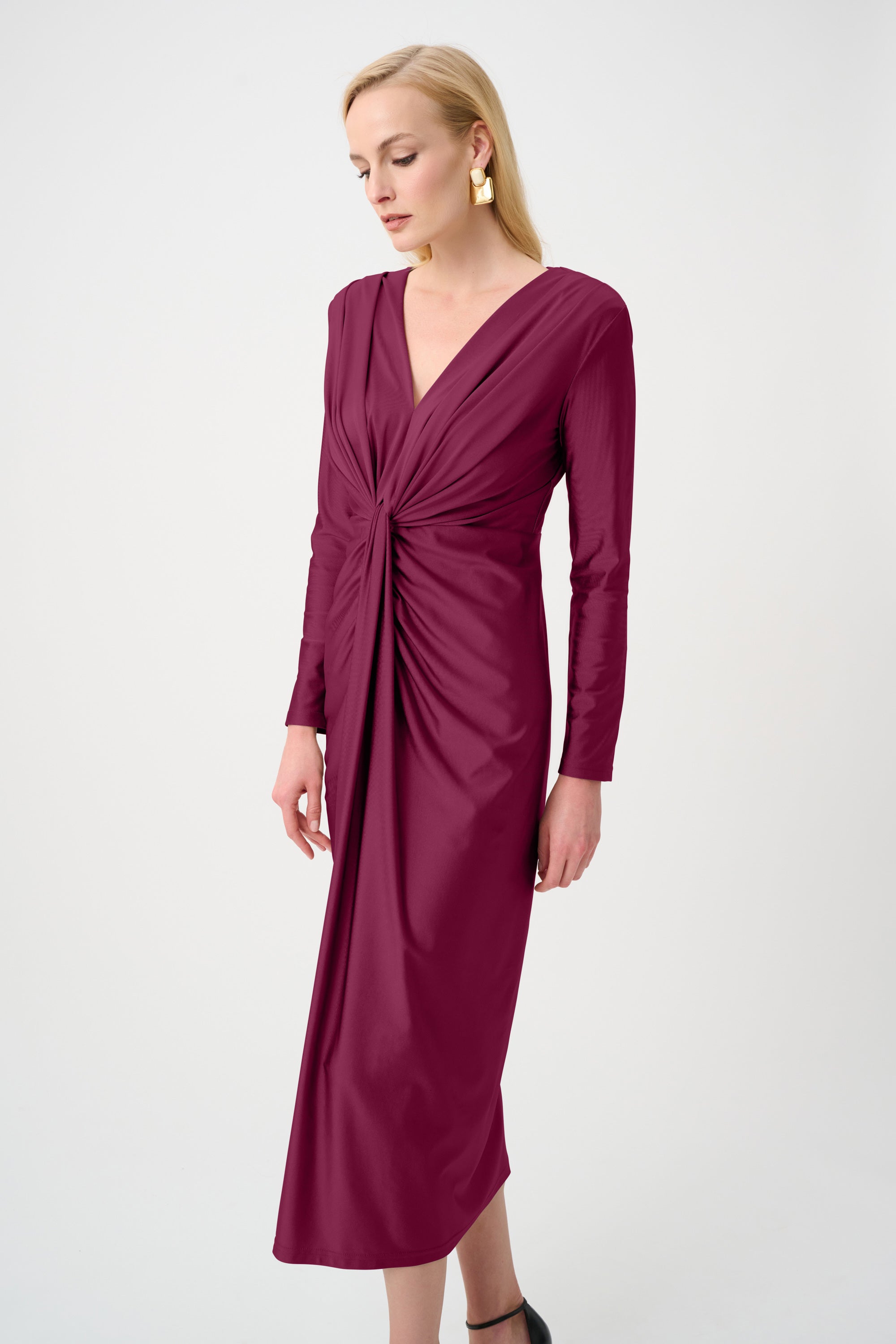 Satin Effect Knit Draped V-Neck Sheath Dress in Berry 253714