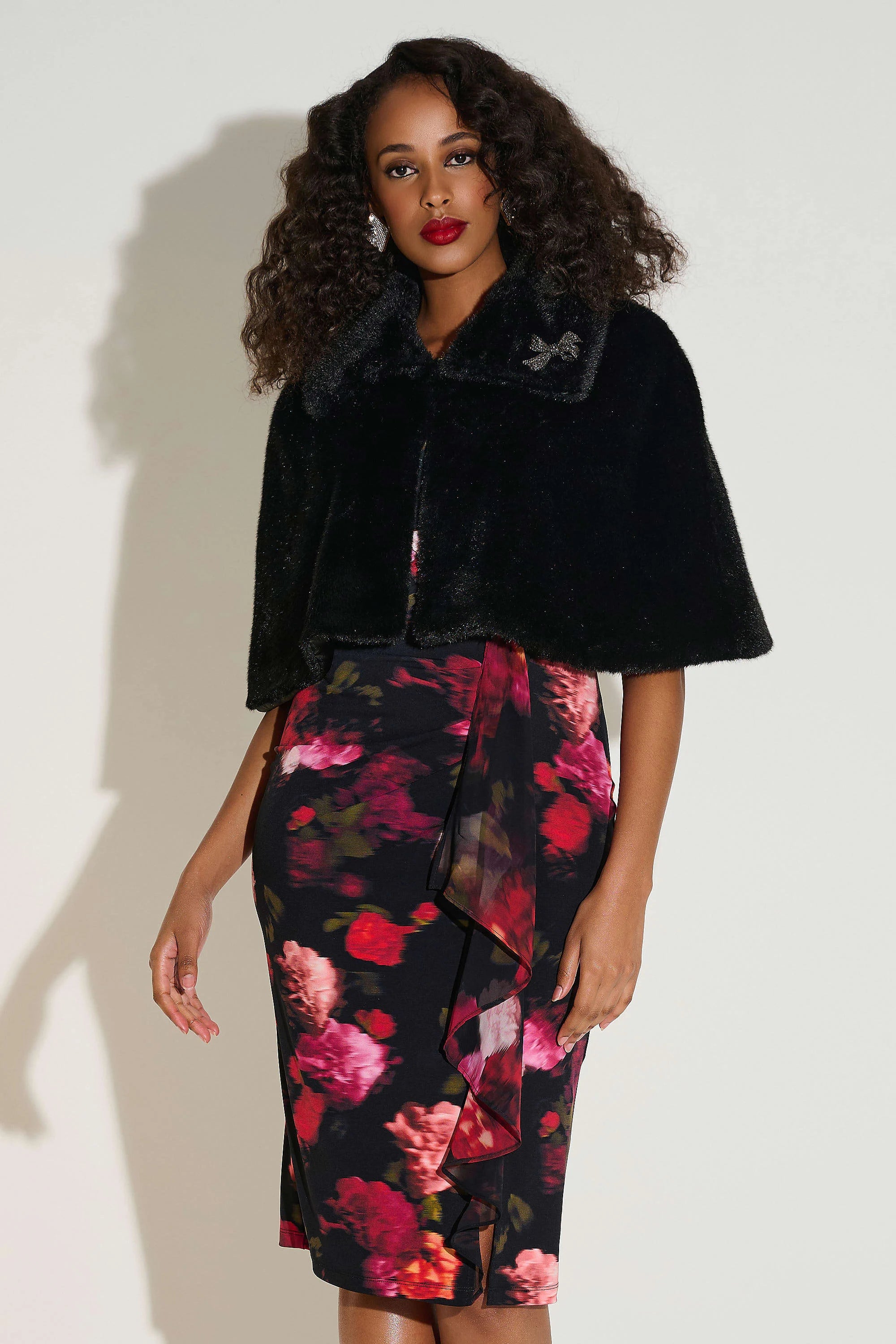 Faux Fur Cape with Crystal Brooch 253749