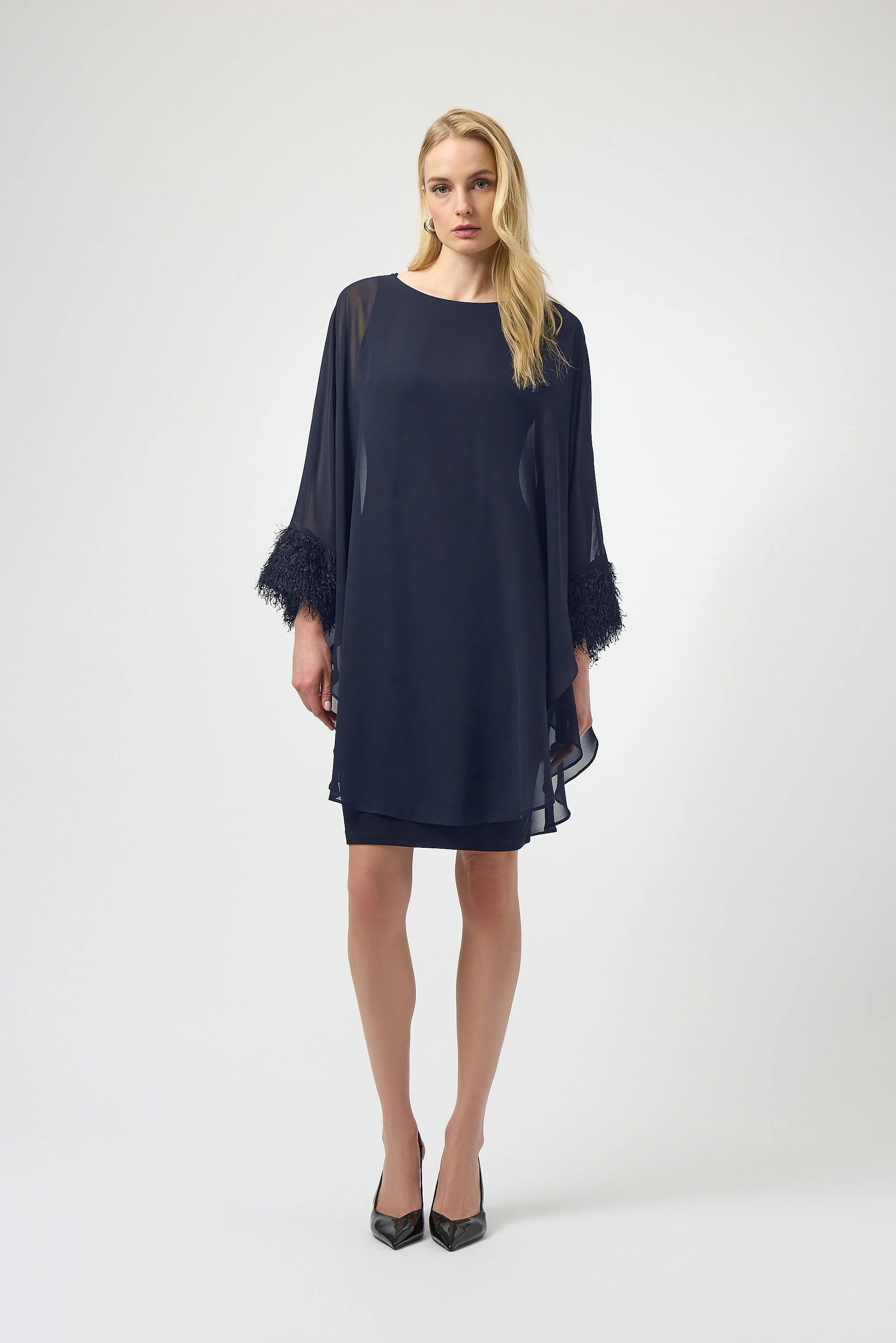 Silky Knit & Chiffon Layered Dress with Fringe Detail 254186