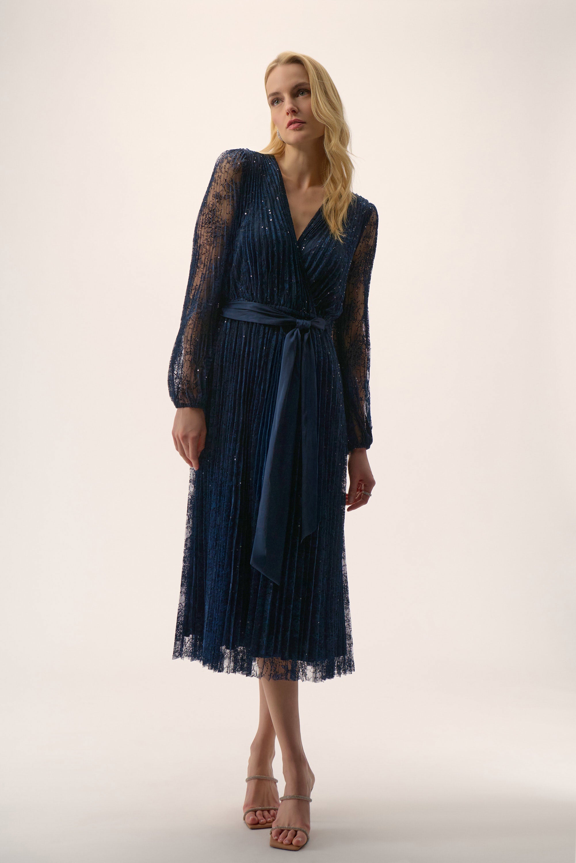 Sequined Pleated Lace Fit and Flare Dress 254721