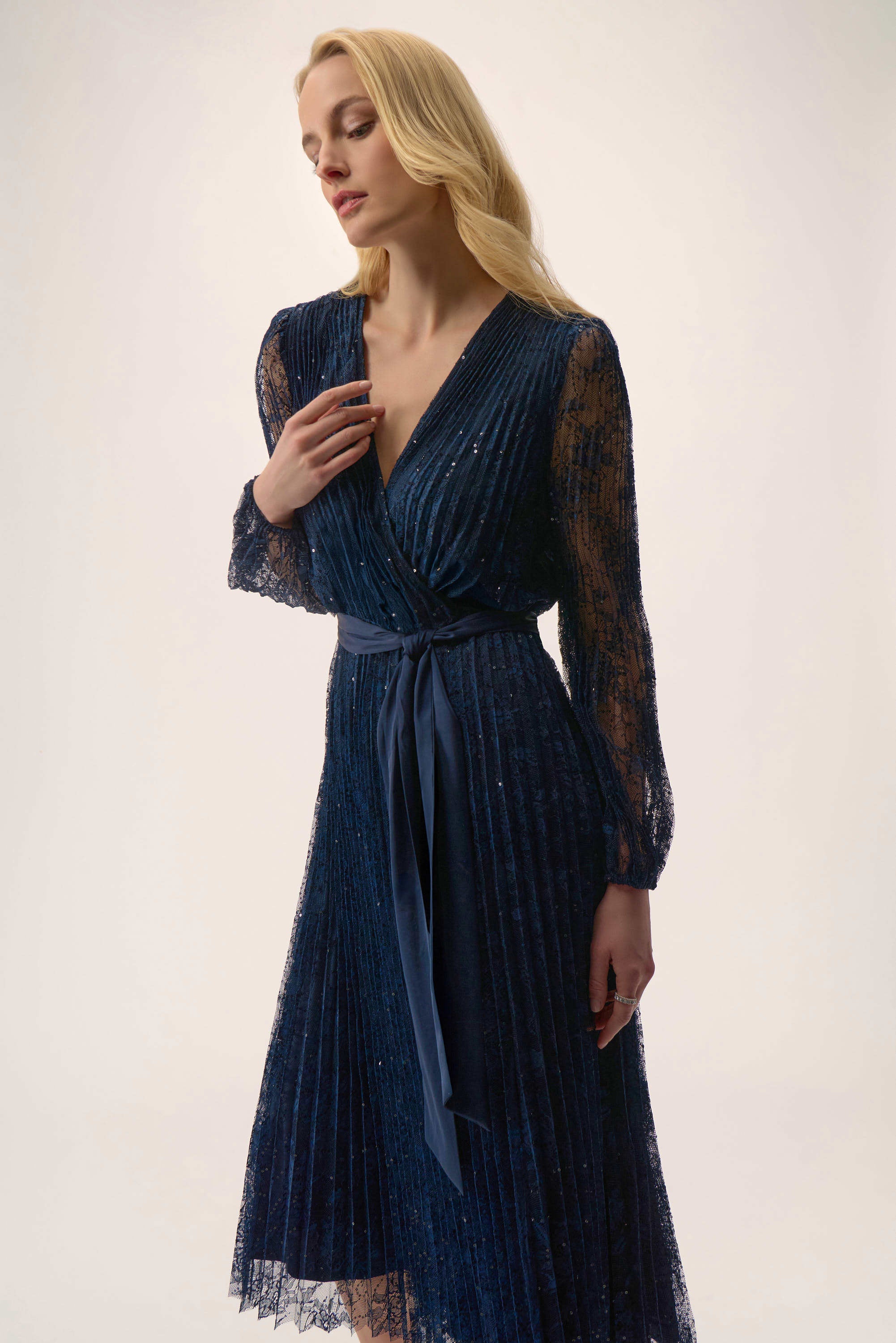 Sequined Pleated Lace Fit and Flare Dress 254721