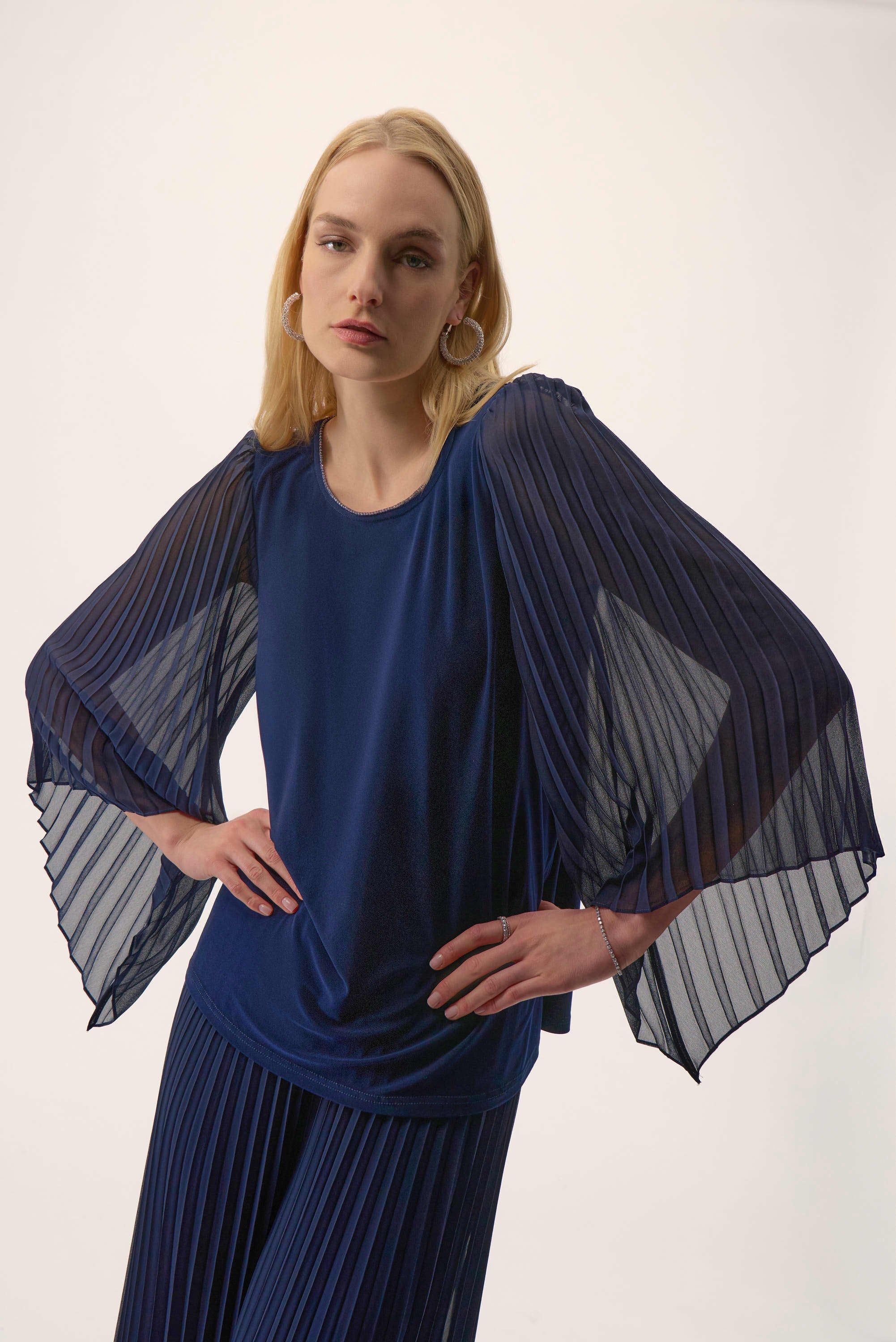 Silky Knit Straight Top with Pleated Chiffon Sleeves 254725