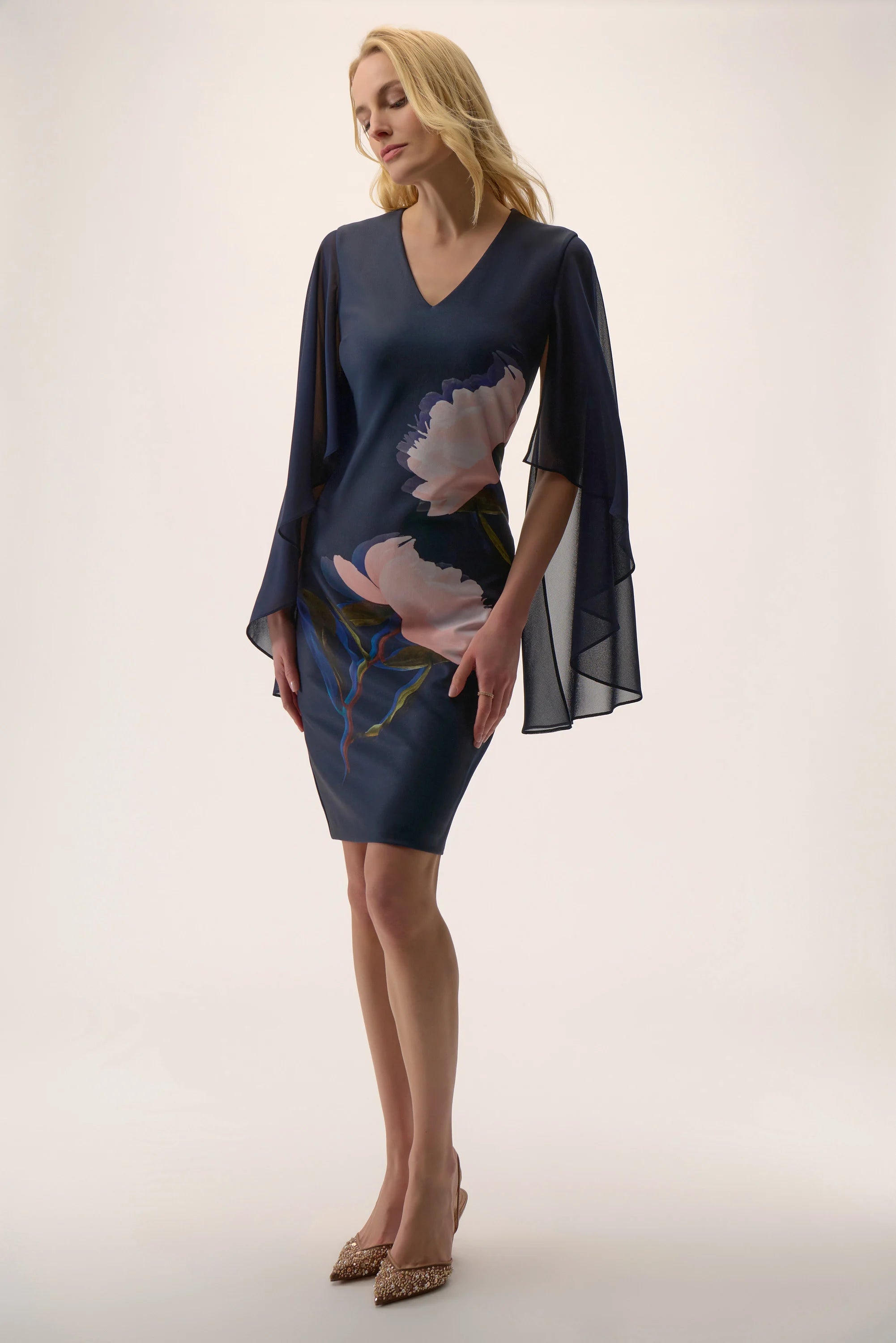 Silky Knit & Chiffon Floral Placement Sheath Dress 254734
