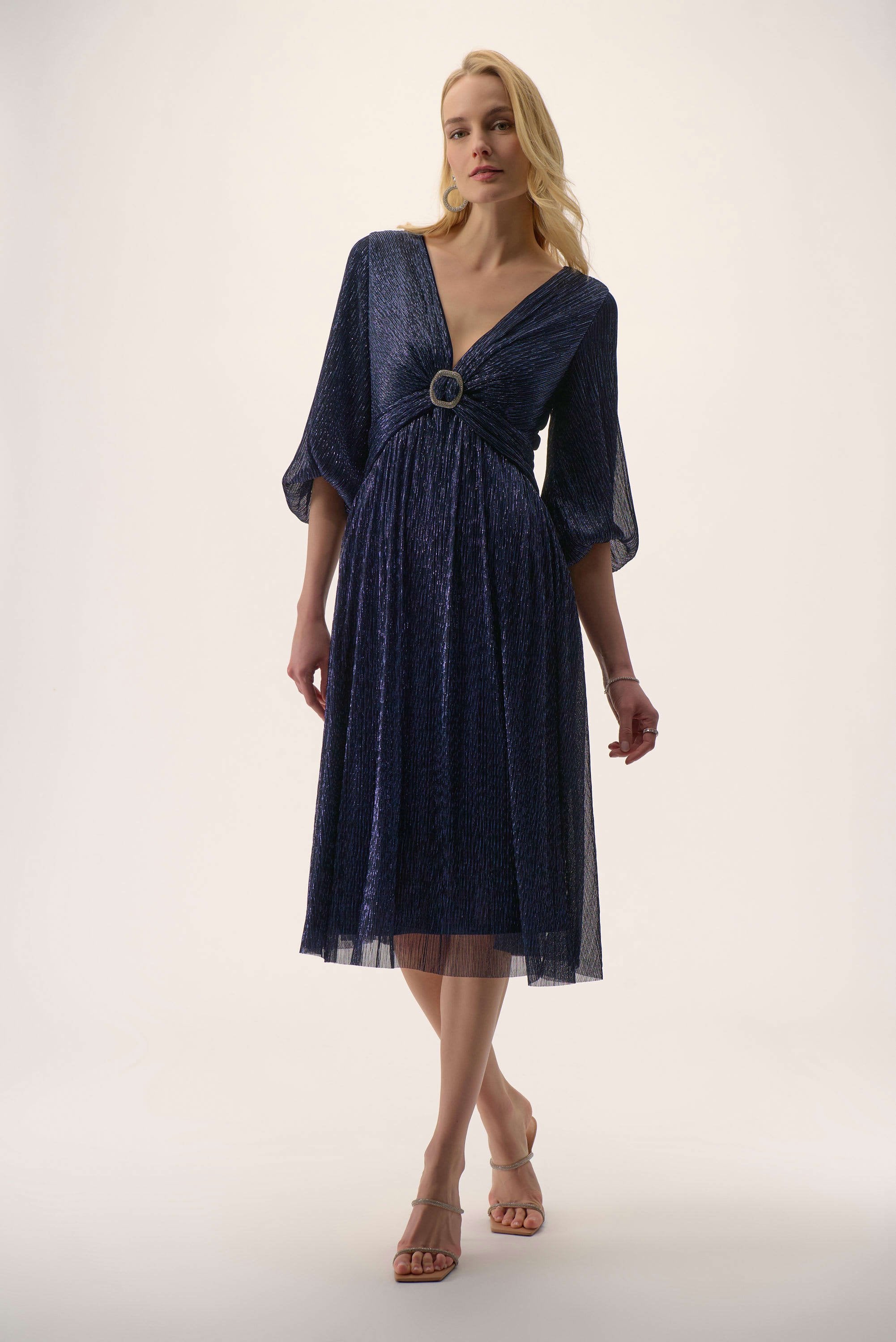 Sparkle Mesh Plissé Fit and Flare Midi Dress 254735