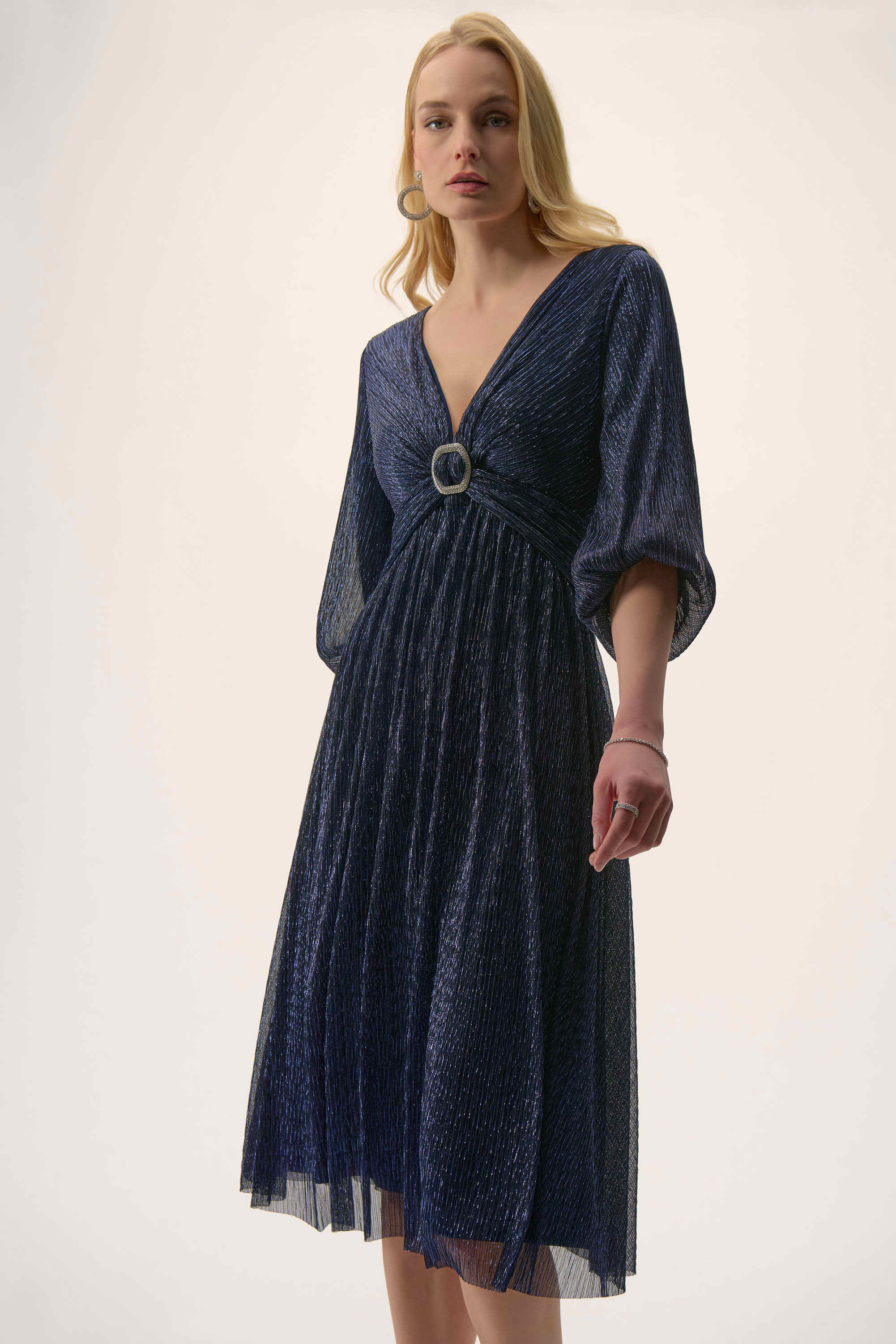 Sparkle Mesh Plissé Fit and Flare Midi Dress 254735