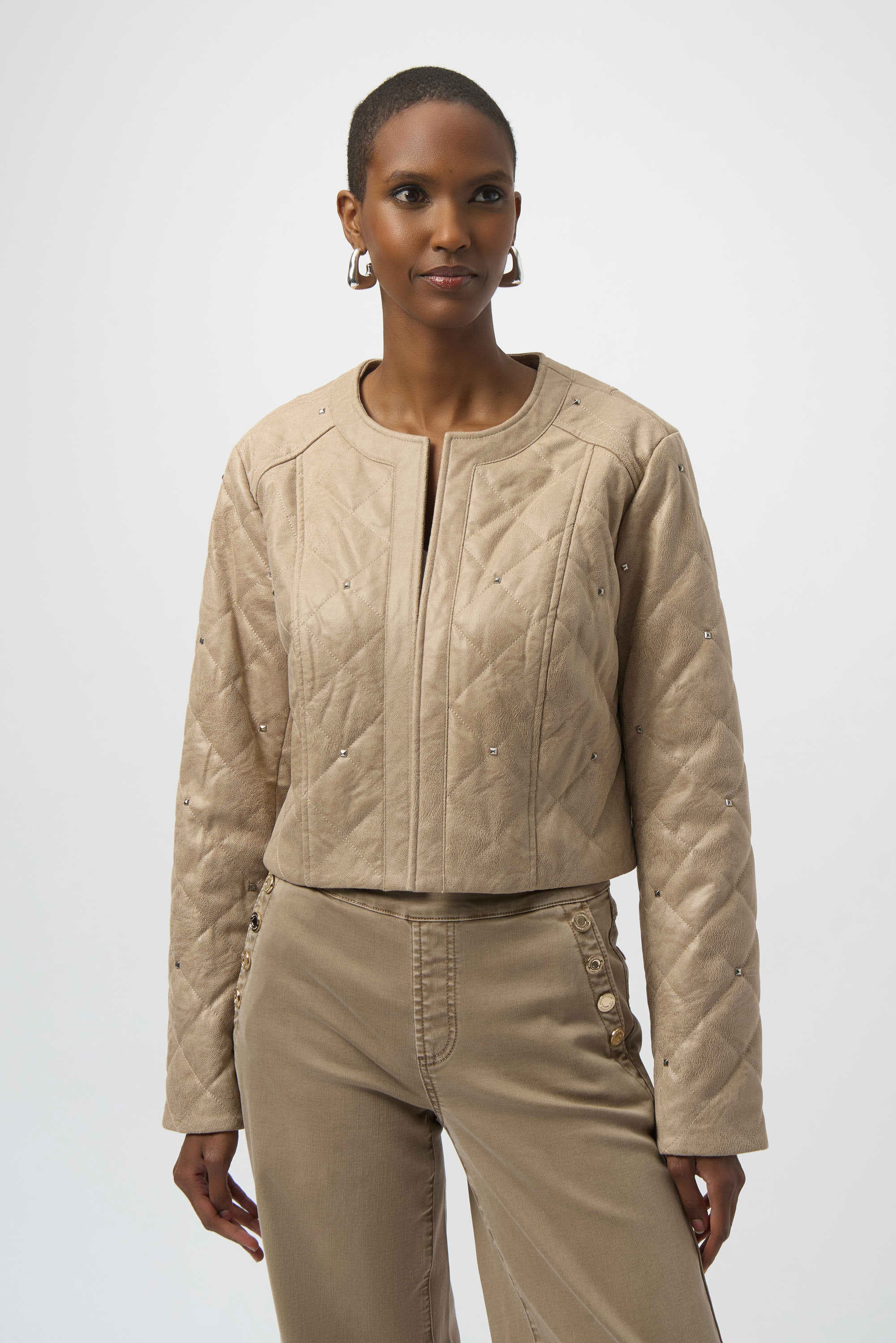 Foiled Faux Suede Diamond Quilt Studded Jacket 254929