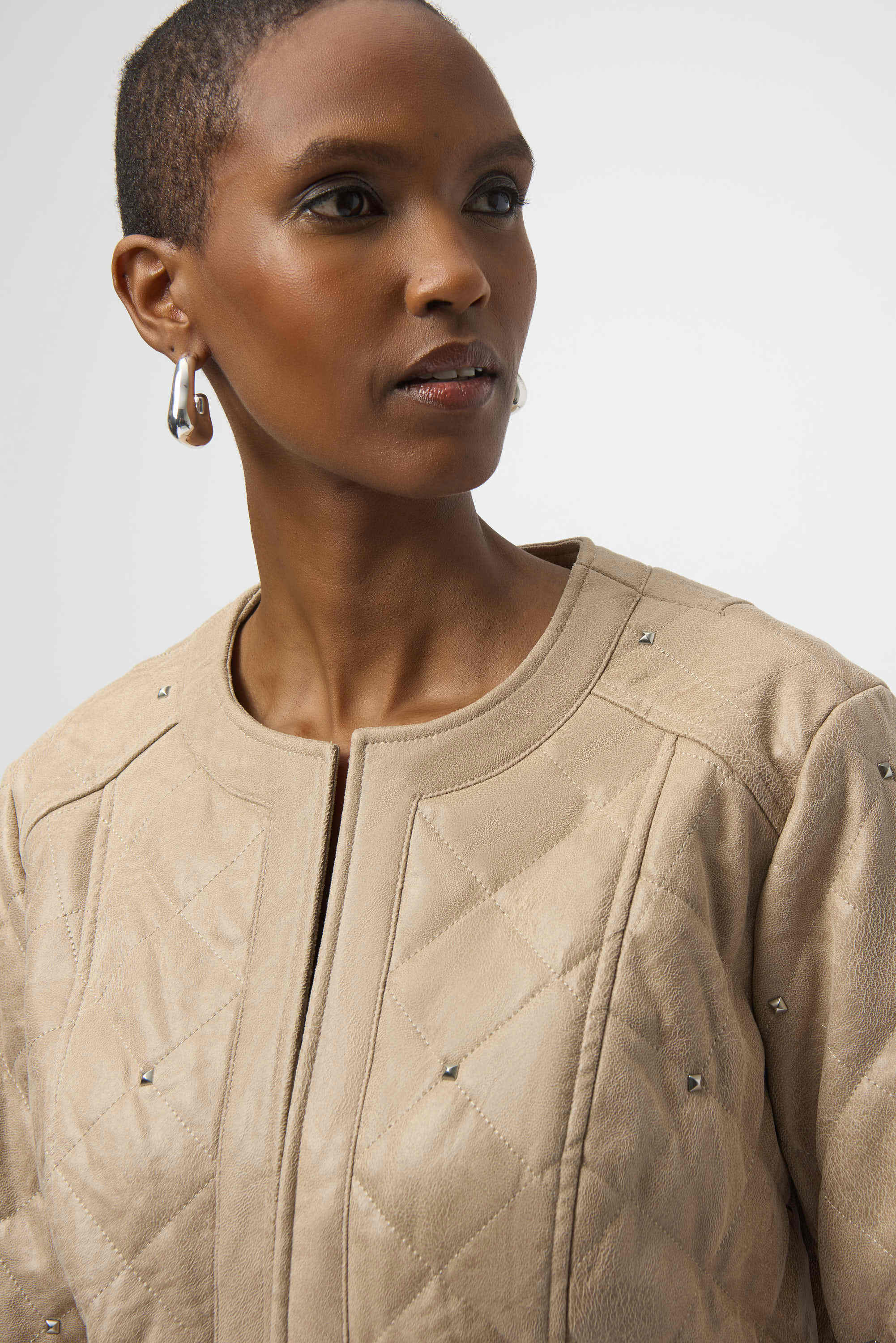 Foiled Faux Suede Diamond Quilt Studded Jacket 254929