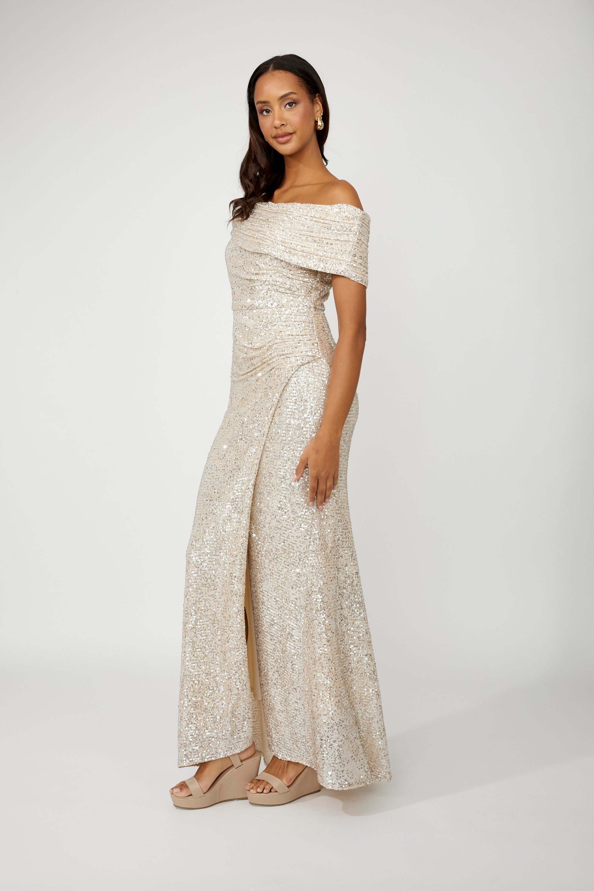 Champagne Maxi Off-The-Shoulder Gown 258739